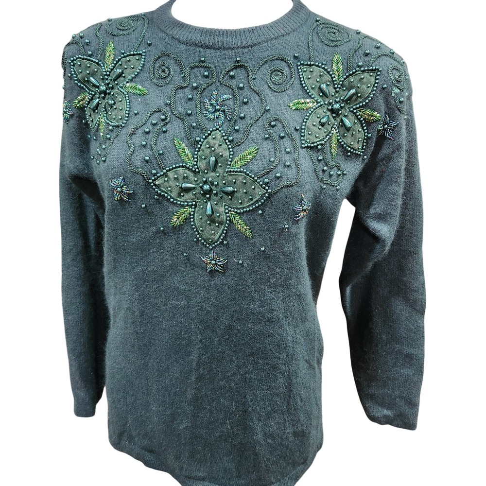 Vintage Cavalini Grandmacore Angora Rabbit & Wool Green jeweled Sweater small - Picture 1 of 8